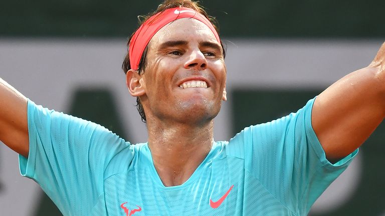 Rafael Nadal of Spain celebrates after winning match point during his Men's Singles semifinals match against Diego Schwartzman of Argentina on day thirteen of the 2020 French Open at Roland Garros on October 09, 2020 in Paris, France.