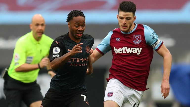 Raheem Sterling and Declan Rice in Premier League action
