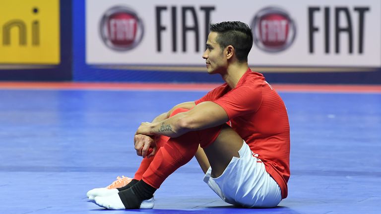 Raoni Medina of Englan stands disappointed after the 2020 FIFA Futsal World Cup Main Round Group 4 match between Italy and England on October 25, 2019 in Eboli, Italy.