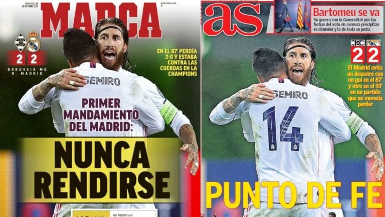 The Spanish newspaper Marca leads with 'Never give up, the first commandment of Madrid', while AS headlines 'A point from faith'