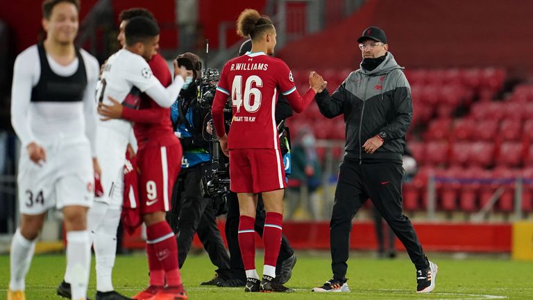 Jurgen Klopp congratulated Rhys Williams after the youngster's solid performance in their 2-0 win over Midtjylland