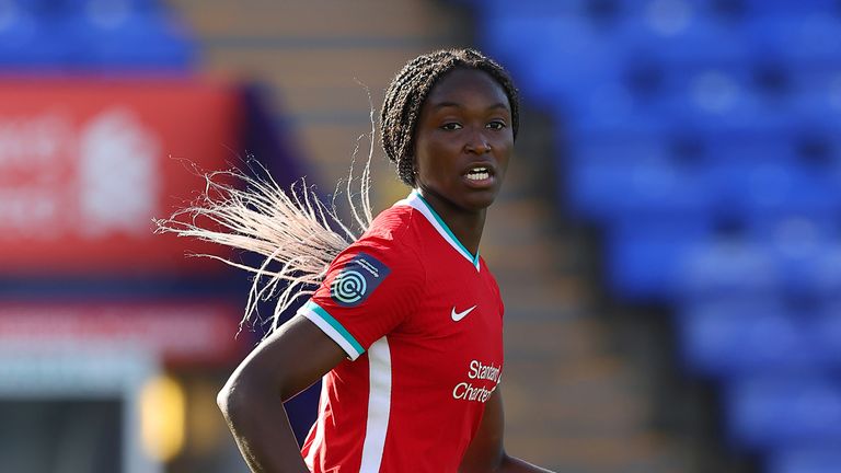 Rinsola Babajide of Liverpool Women during the FA Women&#39;s Continental League Cup match between Liverpool FC Women and Manchester United Women at Prenton Park on October 7, 2020 in Birkenhead, England