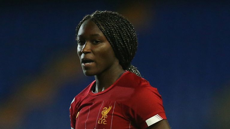 Rinsola Babajide of Liverpool FC Women looks on during the FA Women&#39;s Continental League Cup game between Liverpool FC Women and Durham Women at Prenton Park on December 11, 2019 in Birkenhead, England