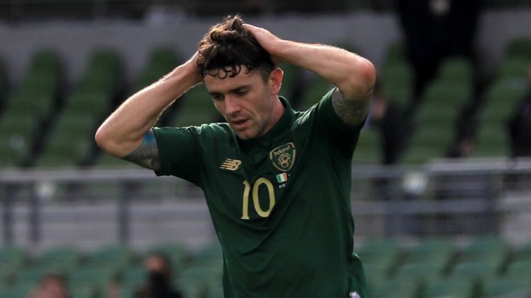 Robbie Brady reacts after seeing a shot drift wide of the post on Sunday