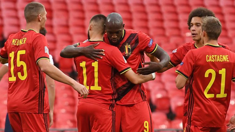 Romelu Lukaku celebrates after giving Belgium the lead from the penalty spot at Wembley