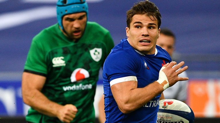 Antoine Dupont scores a try against Ireland