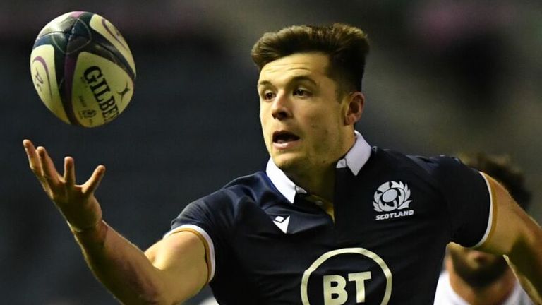 Blair Kinghorn gathers the ball to score Scotland's eighth try against Georgia