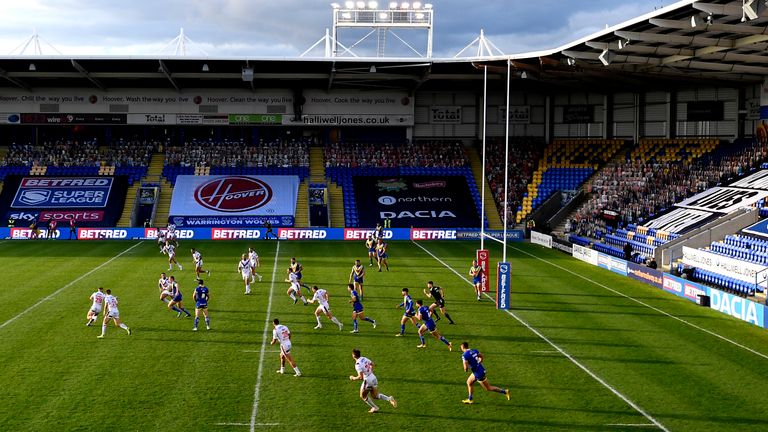 WARRINGTON, ENGLAND - AUGUST 30: A general view of play during the Betfred Super League match between Warrington Wolves and Wakefield Trinity at The Halliwell Jones Stadium on August 30, 2020 in Warrington, England. (Photo by George Wood/Getty Images)