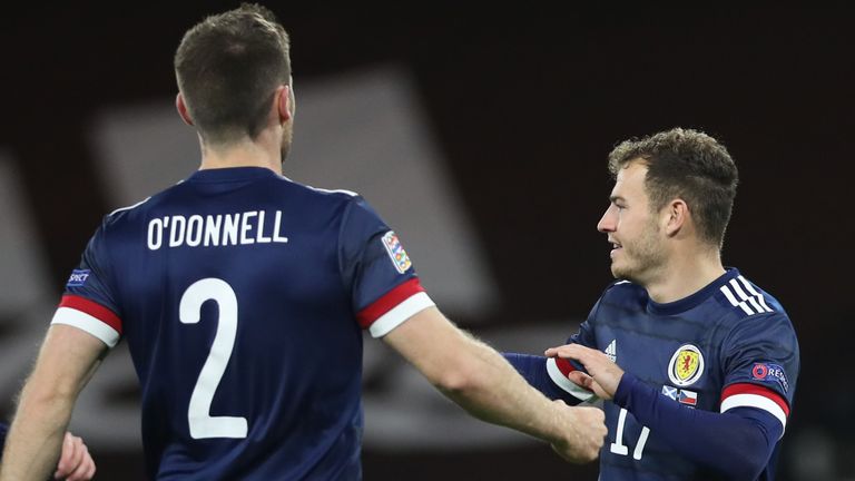 Ryan Fraser celebrates scoring for Scotland against Czech Republic