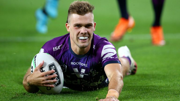 BRISBANE, AUSTRALIA - OCTOBER 16: Ryan Papenhuyzen of the Storm scores a try during the NRL Preliminary Final match between the Melbourne Storm and the Canberra Raiders at Suncorp Stadium on October 16, 2020 in Brisbane, Australia. (Photo by Jono Searle/Getty Images)