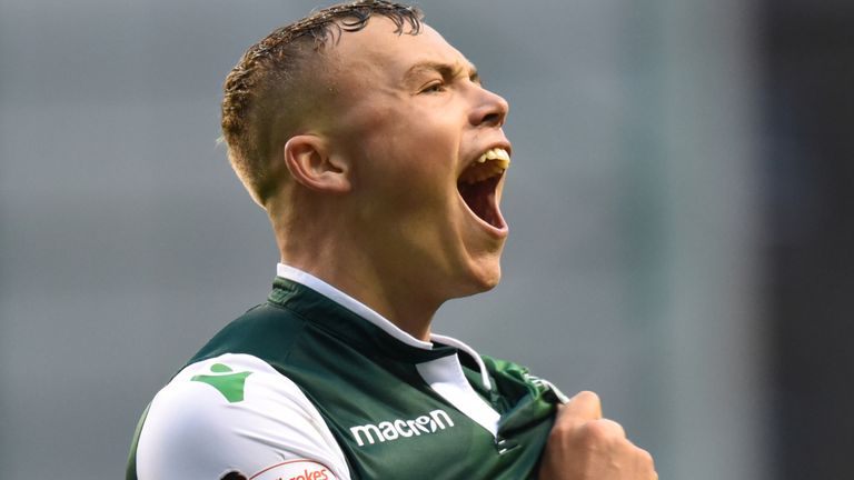 Ryan Porteous of Hibernian FC celebrates after scoring Hibernian's Second goal during the Ladbrokes Premiership match between Hibernian and Dundee at Easter Road on November 24, 2018 in Edinburgh, United Kingdom.