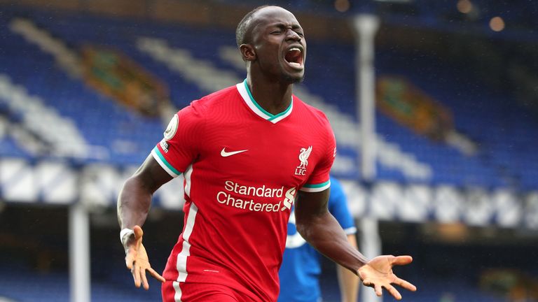 Sadio Mane celebrates his goal against Everton