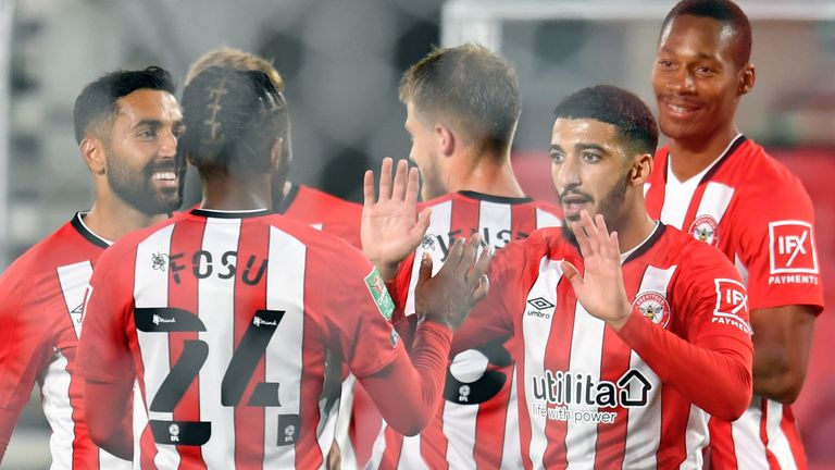 Said Benrahma scores Brentford's second goal against Fulham in the Carabao Cup