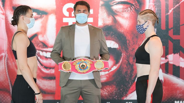 HANDOUT PICTURE COMPLIMENTS OF MATCHROOM BOXING.Savannah Marshall and Hannah Rankin weigh in Ahead of their fight for the vacant WBO Middleweight World Title fight tomorrow night...30 October 2020.Picture By Mark Robinson