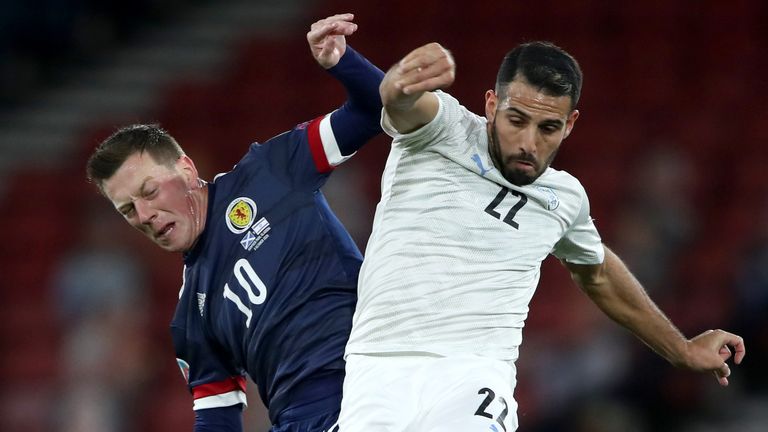 Scotland's Callum McGregor battles for possession with Eyal Golasa of Israel