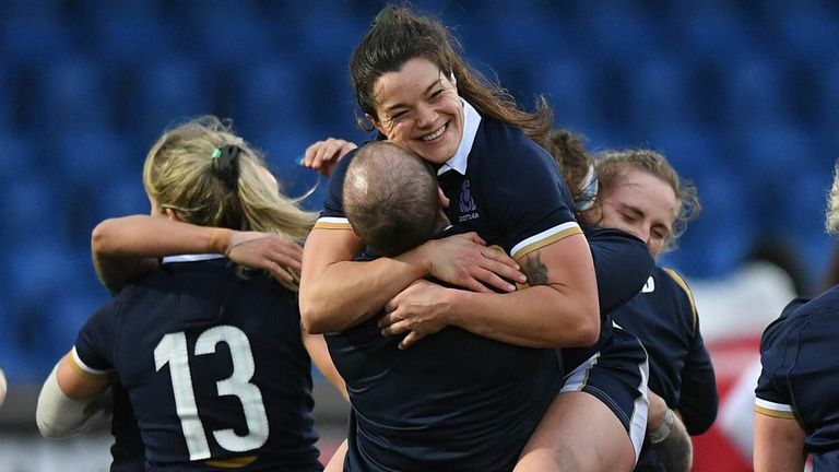 Scotland players react at the final whistle during the Women's Six Nations rugby union match between Scotland and France at Scotstoun Stadium in Glasgow on October 25, 2020. (Photo by ANDY BUCHANAN / AFP) (Photo by ANDY BUCHANAN/AFP via Getty Images)