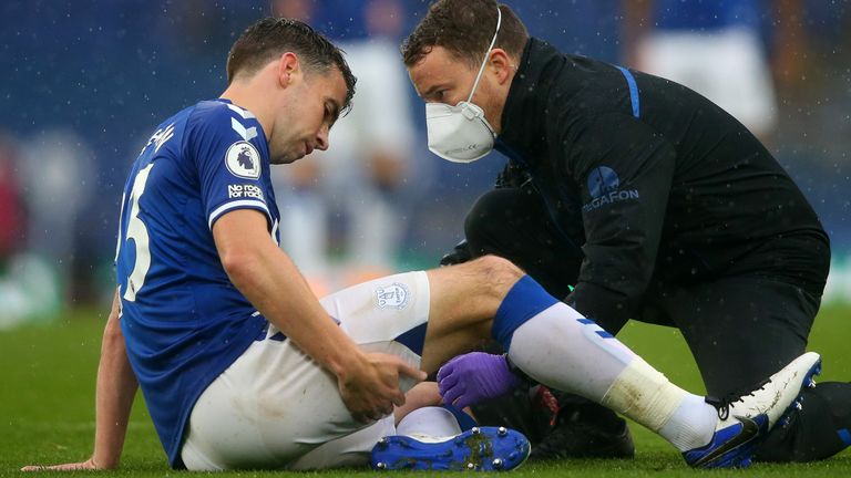 Seamus Coleman receives treatment after picking up an injury