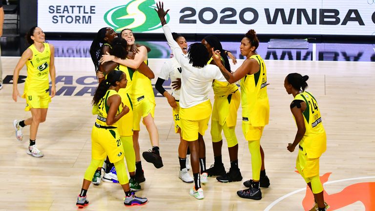 The Seattle Storm celebrates their victory in Game 3 of the WNBA Finals against the Las Vegas Aces