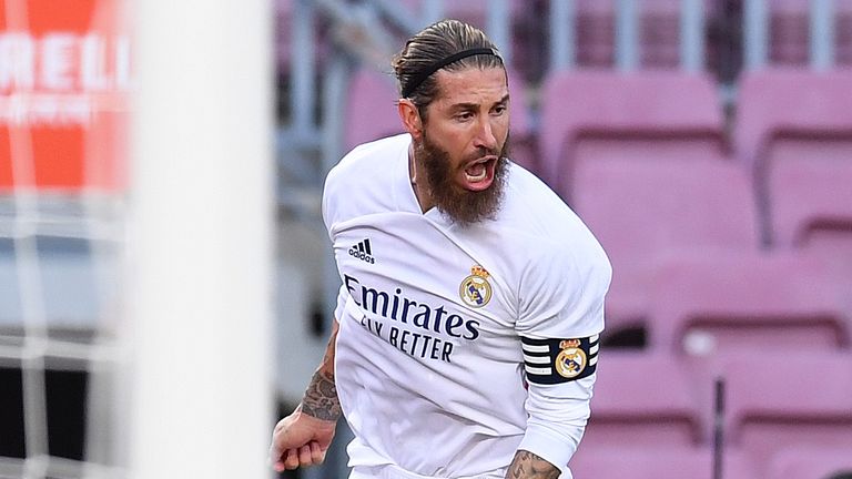 Sergio Ramos celebrates scoring Real Madrid's second goal of the game