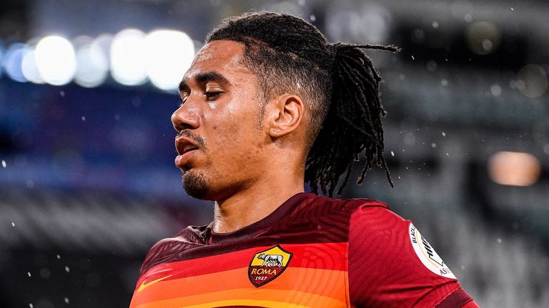 TURIN, ITALY - AUGUST 1: Chris Smalling of AS Roma during the Italian Serie A match between Juventus v AS Roma at the Allianz Stadium on August 1, 2020 in Turin Italy (Photo by Mattia Ozbot/Soccrates/Getty Images)