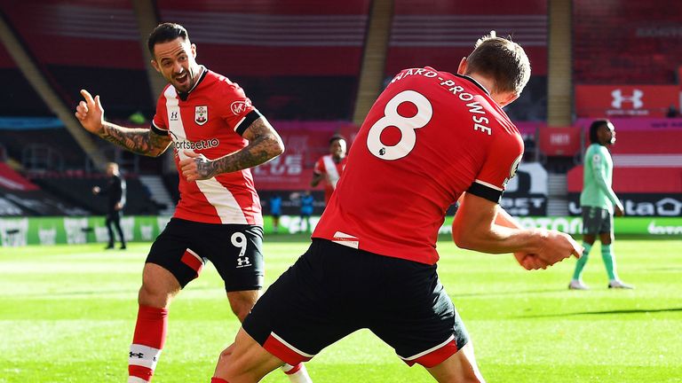 James Ward-Prowse and Danny Ings celebrate against Everton