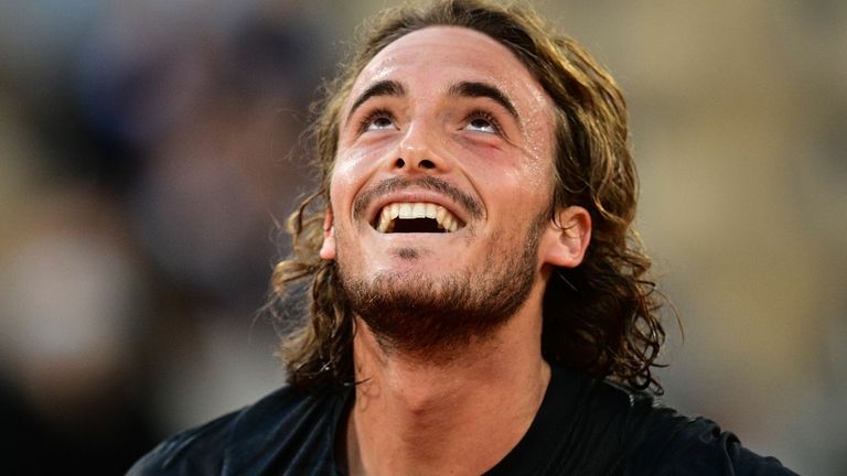 Greece's Stefanos Tsitsipas celebrates after winning against Russia's Andrey Rublev during their men's singles quarter-final tennis match on Day 11 of The Roland Garros 2020 French Open tennis tournament in Paris on October 7, 2020.