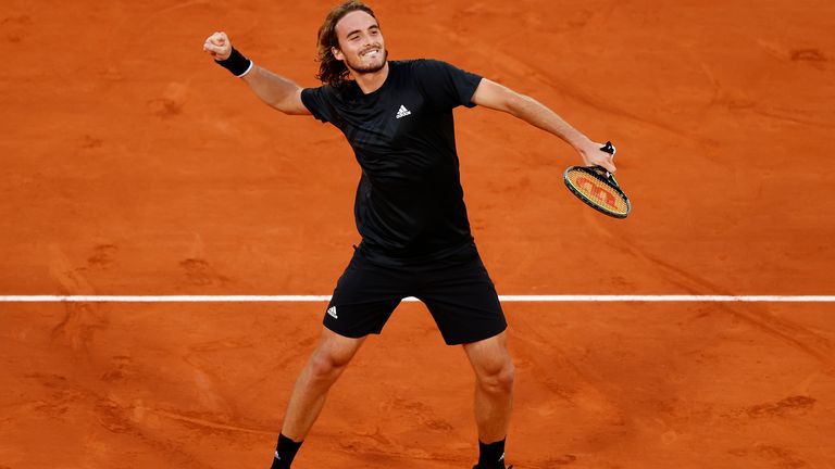 Stefanos Tsitsipas of Greece celebrates after winning match point during his Men's Singles quarterfinals match against Andrey Rublev of Russia on day eleven of the 2020 French Open at Roland Garros on October 07, 2020 in Paris, France.
