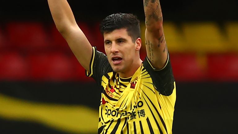 Stipe Perica of Watford celebrates after scoring his sides first goal
