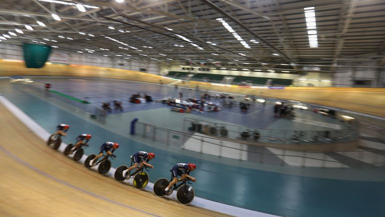 NEWPORT, WALES - JULY 19: The men's team pursuit in action during the Team GB Track Cycling Training Session at Newport Velodrome on July 19, 2012 in Newport, Wales. (Photo by Michael Steele/Getty Images)