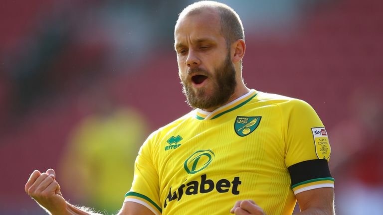BRISTOL, ENGLAND - OCTOBER 31: Teemu Pukki of Norwich City celebrates after scoring his team's second goal during the Sky Bet Championship match between Bristol City and Norwich City at Ashton Gate on October 31, 2020 in Bristol, England. 
