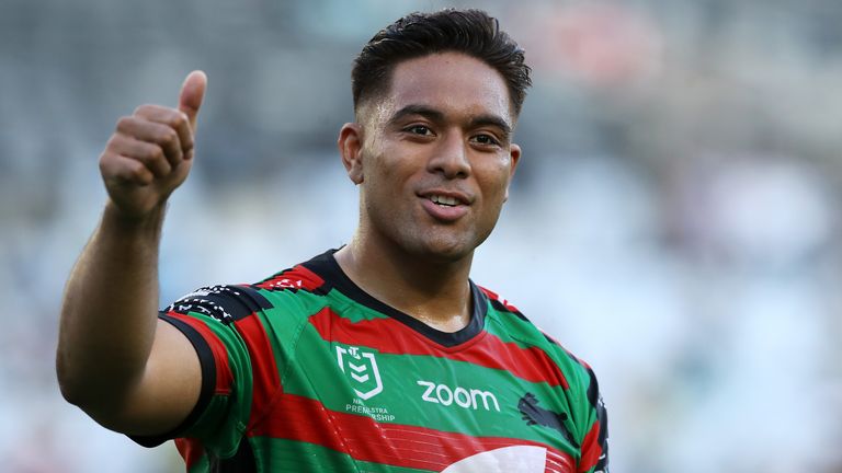 SYDNEY, AUSTRALIA - OCTOBER 04: Tevita Tatola of the Rabbitohs waves to the crowd as he celebrates winning the NRL Elimination Final match between the South Sydney Rabbitohs and the Newcastle Knights at ANZ Stadium on October 04, 2020 in Sydney, Australia. (Photo by Mark Kolbe/Getty Images)