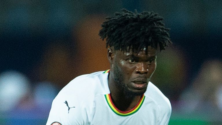 Thomas Teye Partey of Ghana and Georges Mandjeck of Cameroon during the 2019 Africa Cup of Nations Group F match between Cameroon and Ghana at Ismailia Stadium on June 29, 2019 in Ismailia, Egypt.
