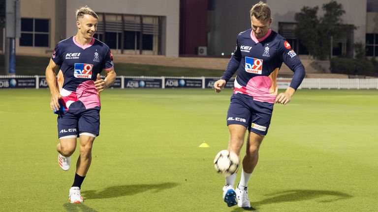 Tom Curran and Jos Buttler play football for Rajasthan Royals