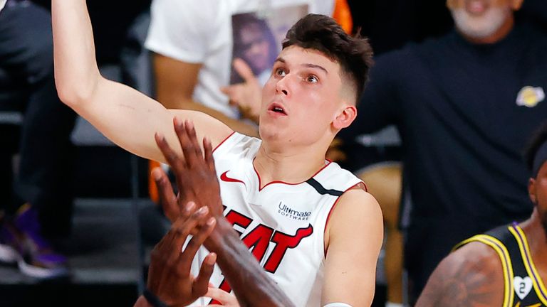 Tyler Herro attacks the rim for the Heat against the Lakers in Game 2 of the NBA Finals