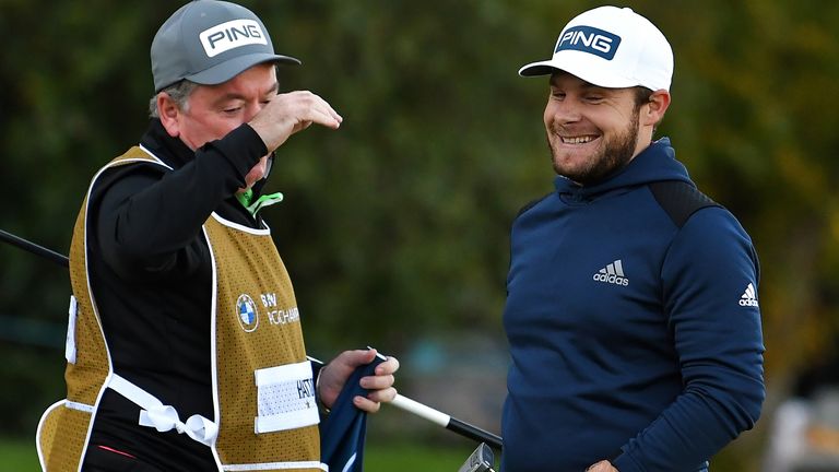 Tyrrell Hatton celebrates with his caddie Mick Donaghy 