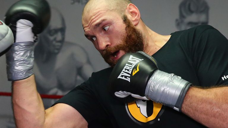 Tyson Fury in action during a training session at Team Fury Gym on November 6, 2014 in Bolton, England.