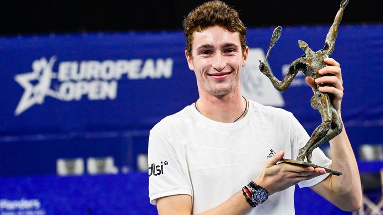 Winner French Ugo Humbert poses for the photographer as he wins the tennis match between Australian De Minaur and French Humbert, the finals of the men's singles competition at the European Open Tennis ATP tournament in Antwerp, Sunday 25 October 2020