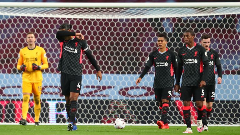 Virgil van Dijk and his Liverpool teammates look dejected as they concede a fourth goal
