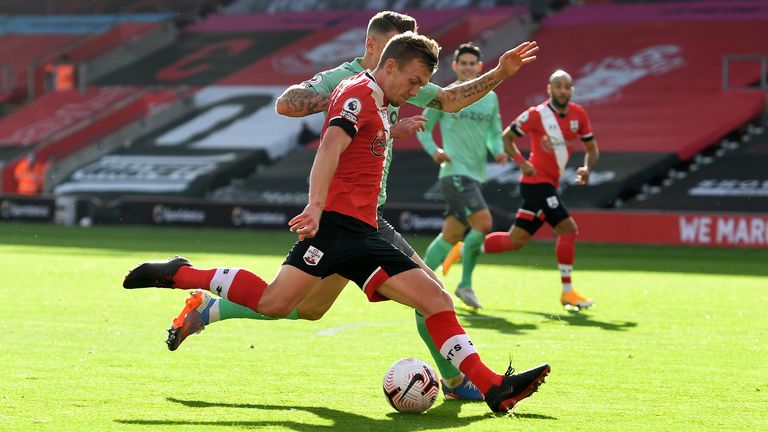 James Ward-Prowse of Southampton scores his sides first goal during the Premier League match between Southampton and Everton at St Mary's Stadium on October 25, 2020 in Southampton, England. 