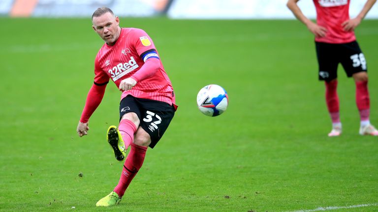 Derby County&#39;s Wayne Rooney (left) scores his side&#39;s first goal of the game