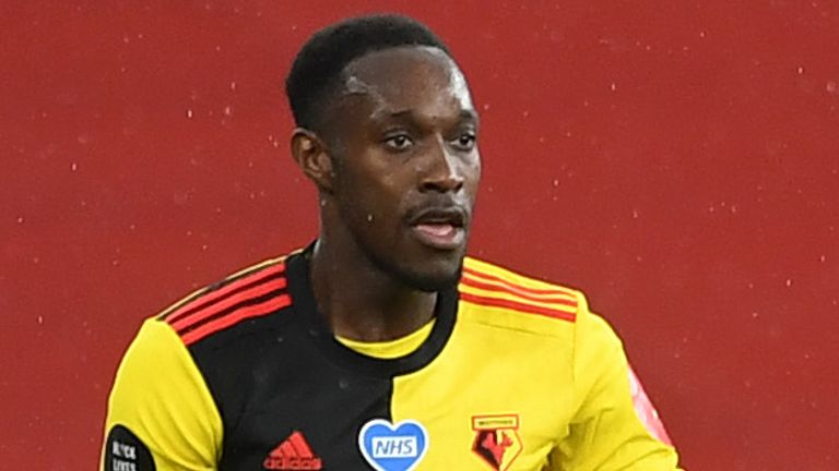 LONDON, ENGLAND - JULY 26: Danny Welbeck of Arsenal takes on Rob Holding of Arsenal during the Premier League match between Arsenal FC and Watford FC at Emirates Stadium on July 26, 2020 in London, England. (Photo by David Price/Arsenal FC via Getty Images)