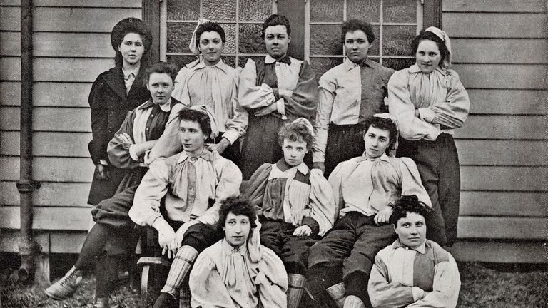 The women of the 'South' football team, who played the 'North' team at the in the opening match of the British Ladies' Football Club at Nightingale Lane ground at Crouch End in March 1895. 