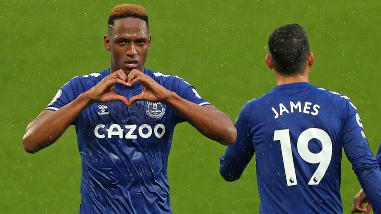 Yerry Mina celebrates after restoring Everton's lead