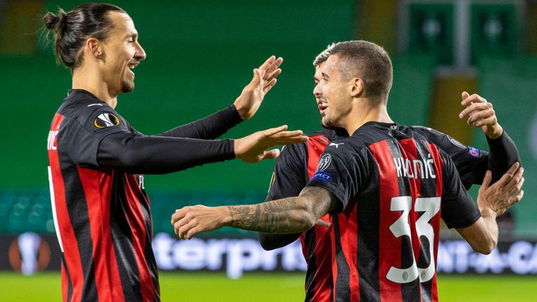 Zlatan Ibrahimovic celebrates with team-mates during AC Milan's match at Celtic
