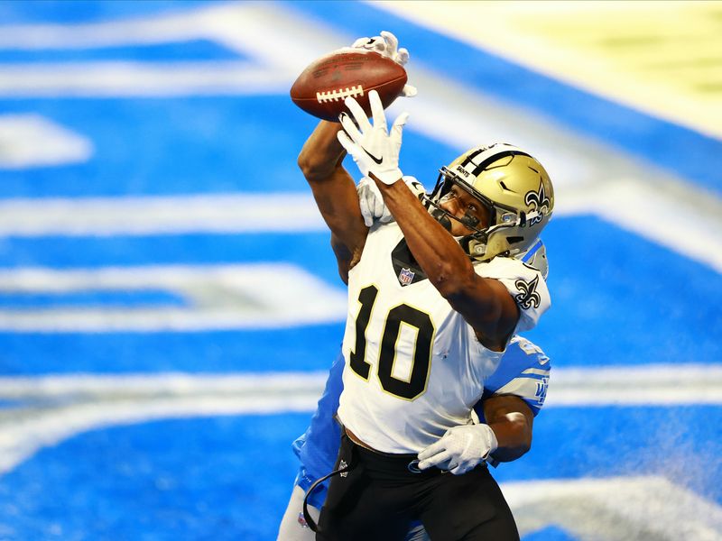 New Orleans, United States. 13th Oct, 2020. New Orleans Saints tight end  Jared Cook (87) takes a Drew Brees (9) pass for a touchdown late in the game  with the Los Angeles