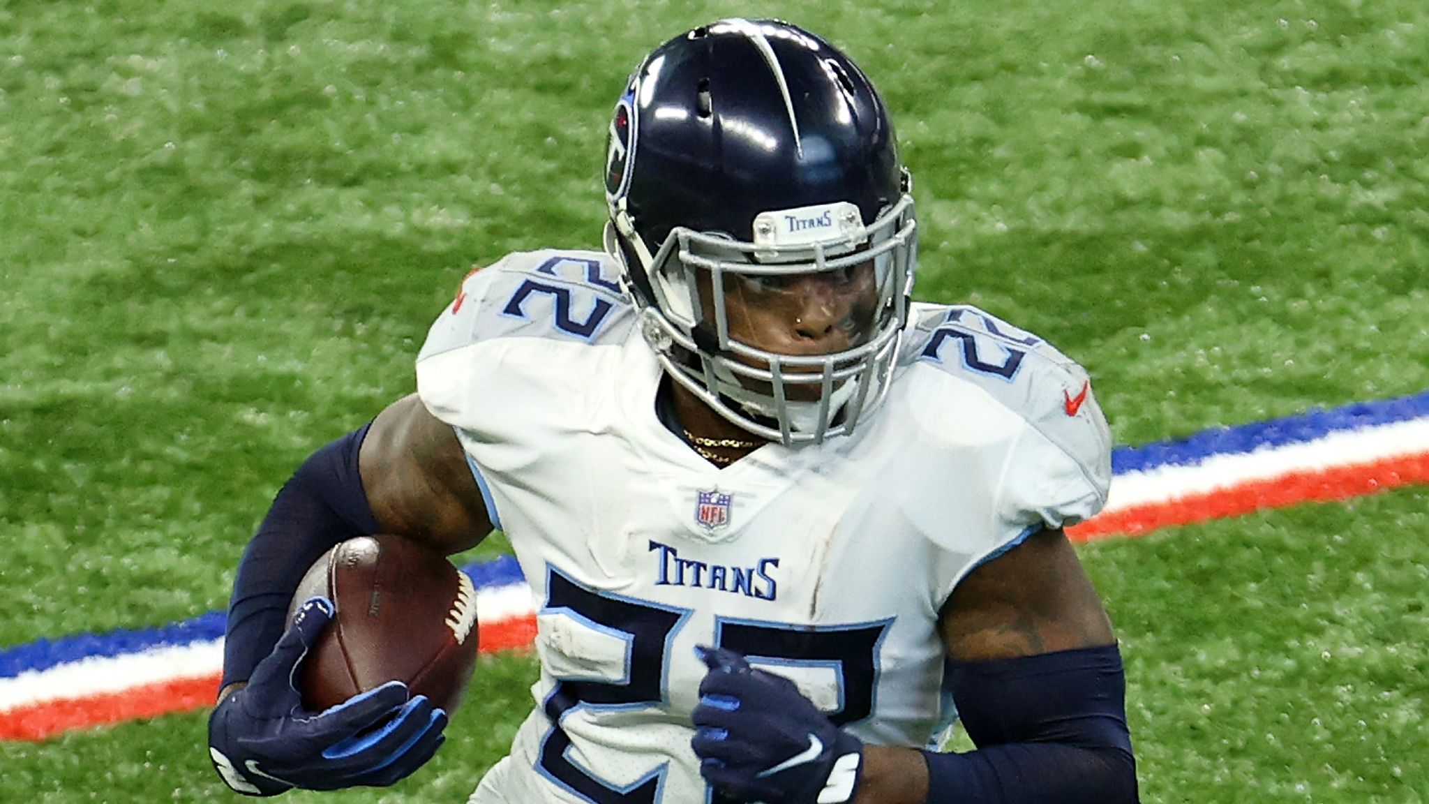 Tennessee Titans running back Derrick Henry (22) runs the ball against the  Indianapolis Colts during an NFL football game in Indianapolis, Sunday,  Dec. 1, 2019. The Titans won the game 31-17. (Jeff