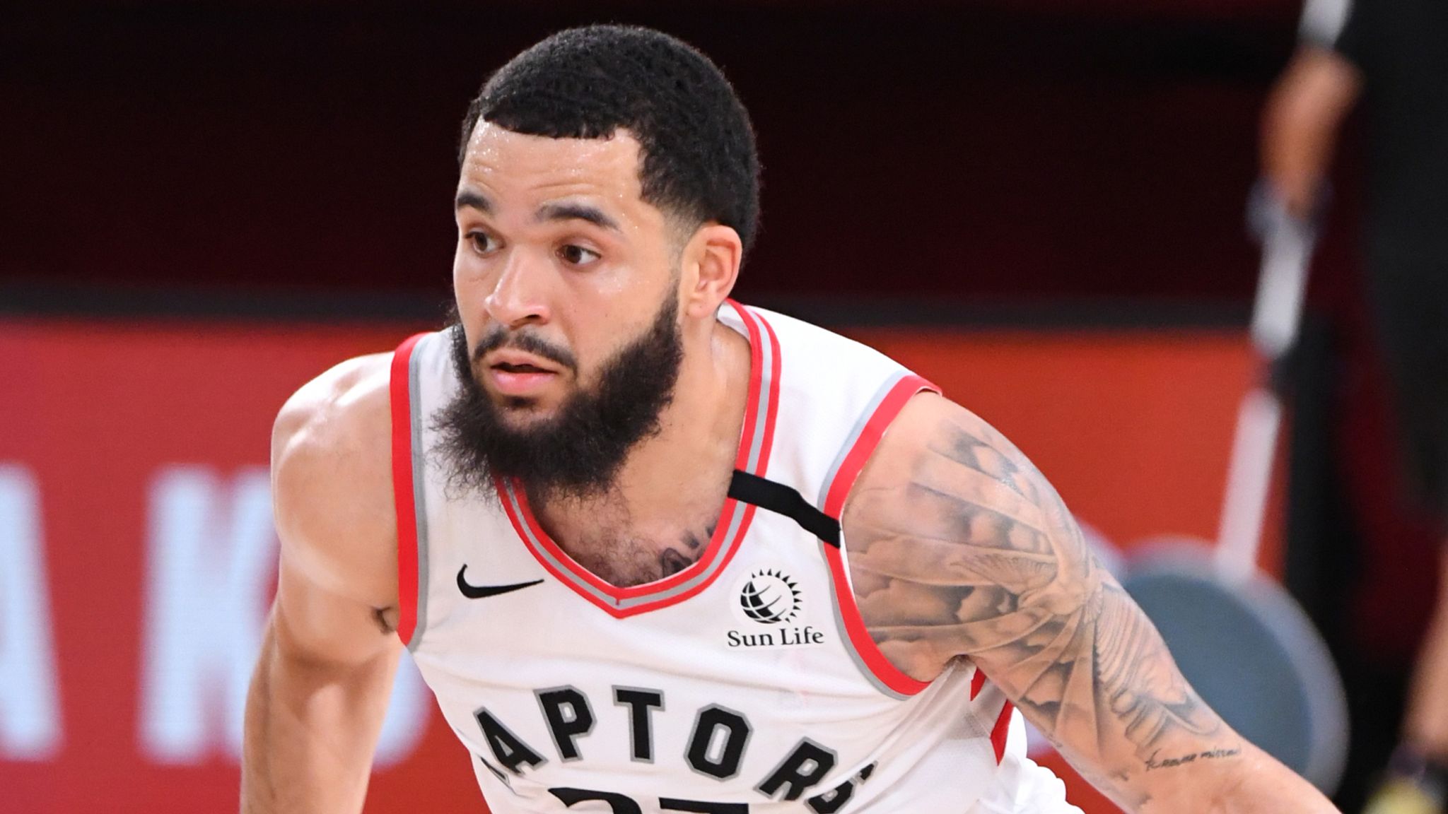 Fred VanVleet of the Toronto Raptors rips his jersey during the first  News Photo - Getty Images
