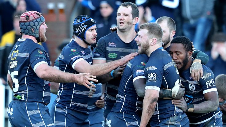 Picture by Ash Allen/SWpix.com - 10/02/2019 - Rugby League - Betfred Championship - Featherstone Rovers v Batley Bulldogs - LD Nutrition Stadium, Featherstone, England -  Featherstone Rovers celebrate during the Betfred Championship 2019. 