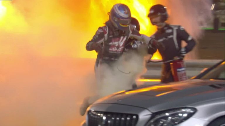 Warning: Video shows Romain Grosjean driving away from blaze after crash on first lap of Bahrain Grand Prix