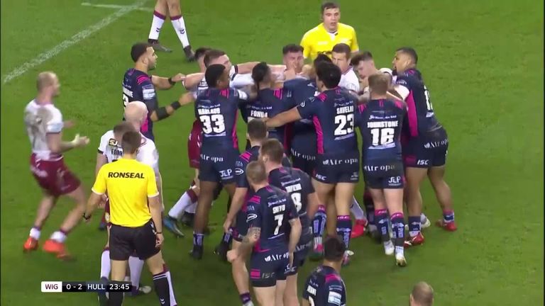 A massive tackle from Hull's Ligi Sao on Willie Isa is celebrated a little too over-enthusiastically and leads to a brawl between the two sides
